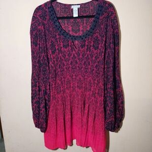 Catherines pleated red and black botanical print rhinestone collar dressy top.3X